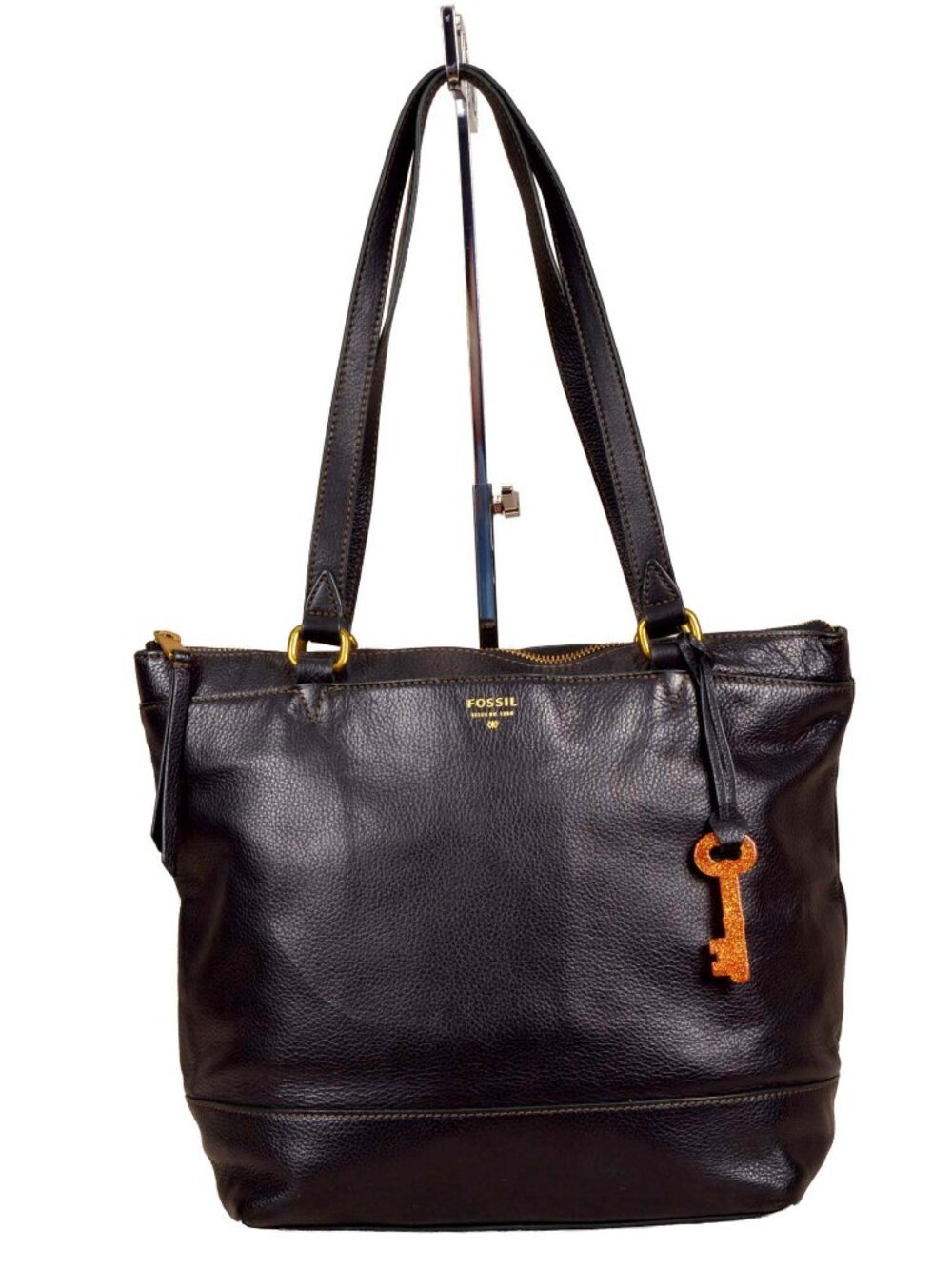 Fossil Issue No. 1954 Black Leather Shoulder Tote Bag Signature Key Charm